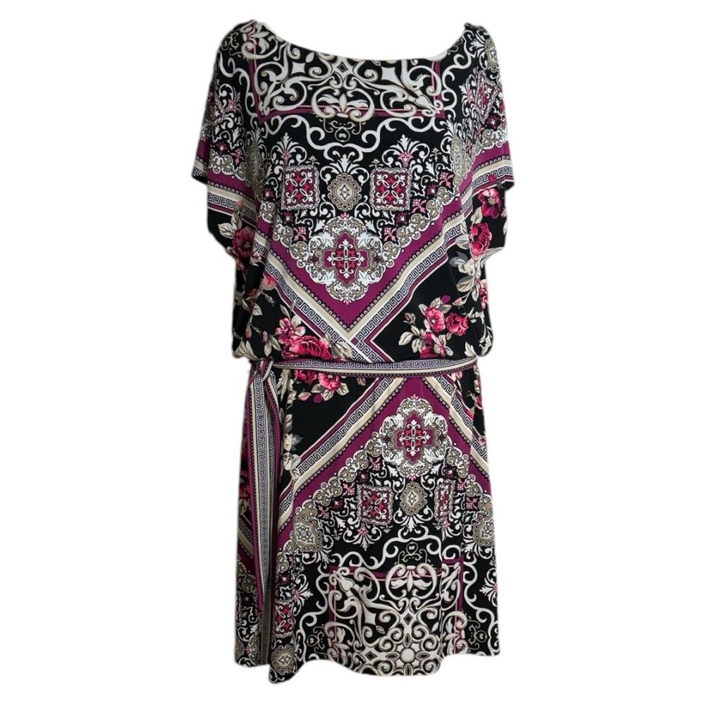 Women’s White House Black Market Black and Purple Floral Dress Size M.